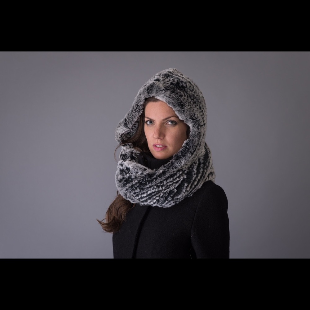 Rex Rabbit Fur Hoodie. Hood & scarf connected